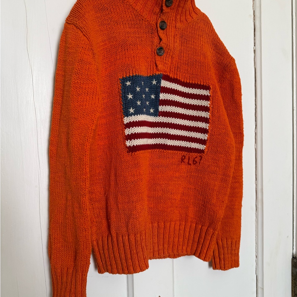 Ralph Lauren Orange Turtleneck Sweater with Flag Design